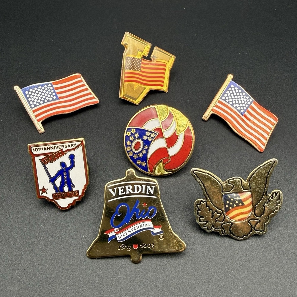 Vtg Patriotic Americana Pin Lot/7 AMVETS Hamilton Ohio Bicentennial Verdin Flag